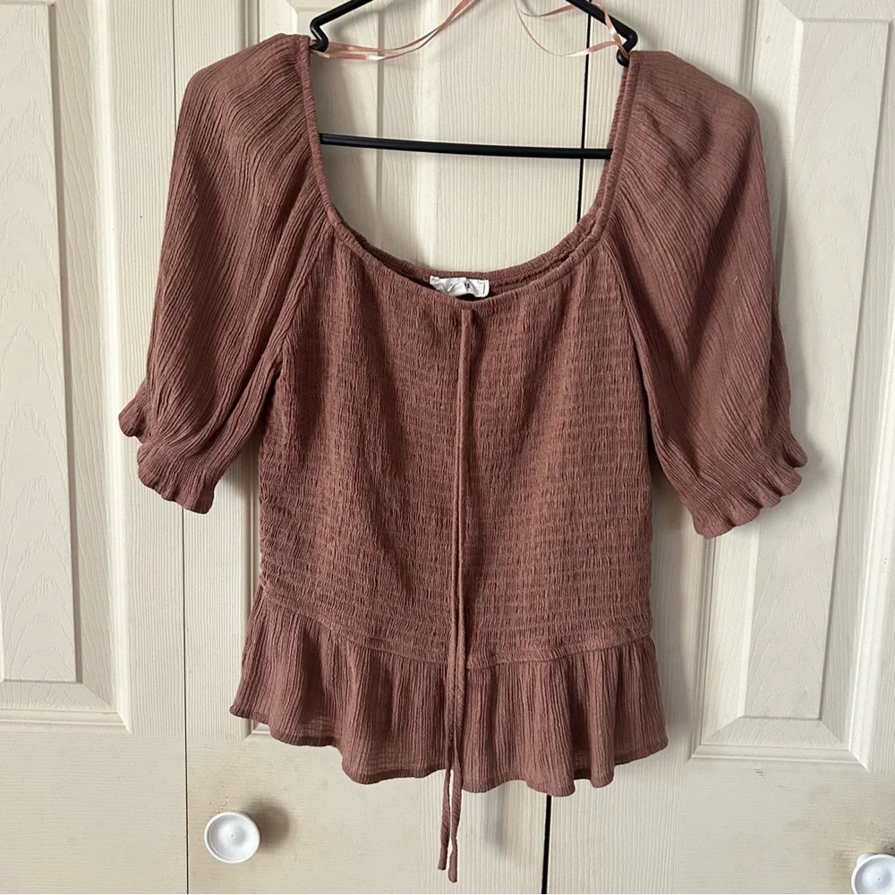 Mine Brown Smocked Peplum Blouse with Puff Sleeves - Picture 1 of 5